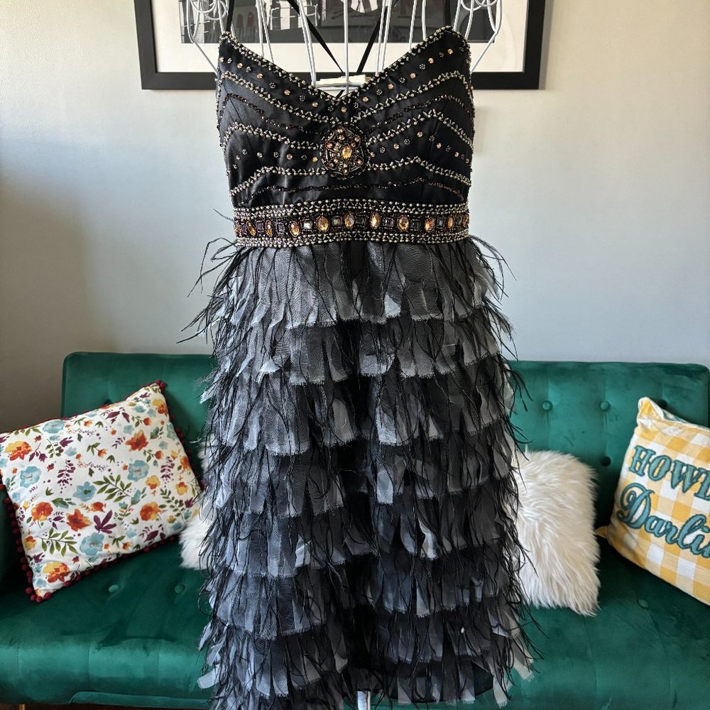 J. Peterman Black and Gray Feathered Dress